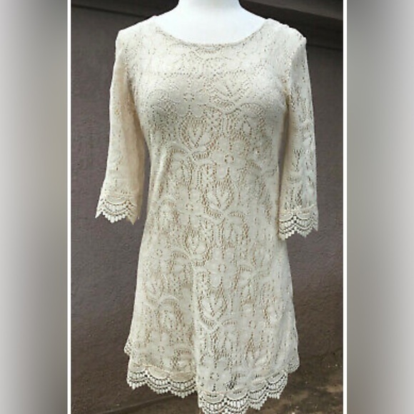 Divided Dresses & Skirts - Crocheted Lace Dress, Super Cute 3/4 Length Bell Sleeves, Cream Color, Size 8
